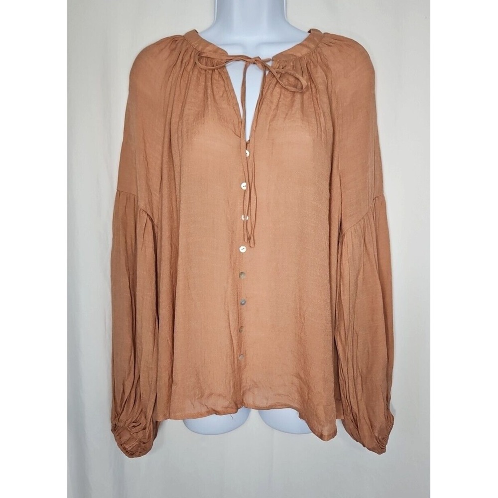 Blu Pepper‎ Juniors Lightweight Tan Long Balloon Sleeve V-Neck Blouse Size Large